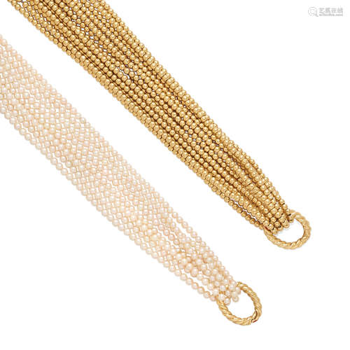 A Gold Bead Necklace together with a Cultured Pearl Necklace