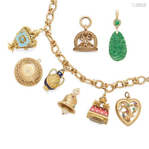 A Gold, Diamond and Stone Charm Bracelet