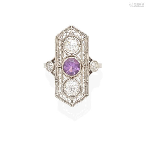 an Art Deco platinum, amethyst and diamond ring