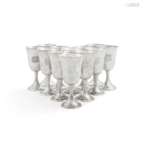 An assembled set of twelve American sterling silver goblets  by various makers, 20th century