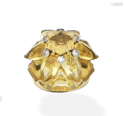 A citrine and diamond dress ring, circa 1960