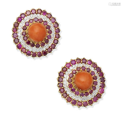 A pair of ruby, coral and diamond earclips, circa 1970