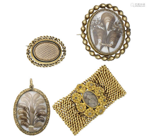 Four mid 19th century hairwork jewels  (4)