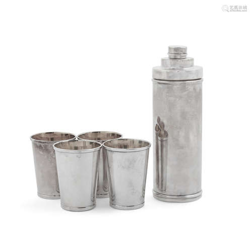 A set of four Italian sterling silver julep cups and a cocktail shaker  by Pamploni Eremindo di Pamploni Franco, Florence, 20th century