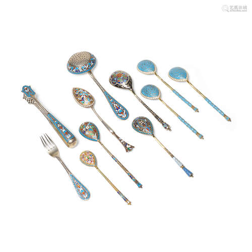 An assembled group of Russian gilt silver and enamel flatware and serving pieces  by various makers, 19th-20th century