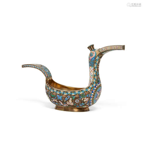 A Russian gilt silver and enamel bird-form kovsh  mark of Pavel Ovchinnikov, 84 standard, Moscow, 1908-1926