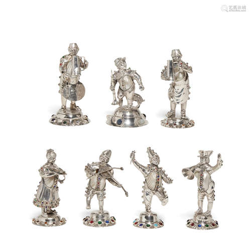 Seven German silver musicians  Hanau marks, late 19th/early 20th century