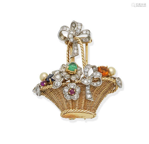 A diamond, cultured pearl and gem-set brooch, circa 1950