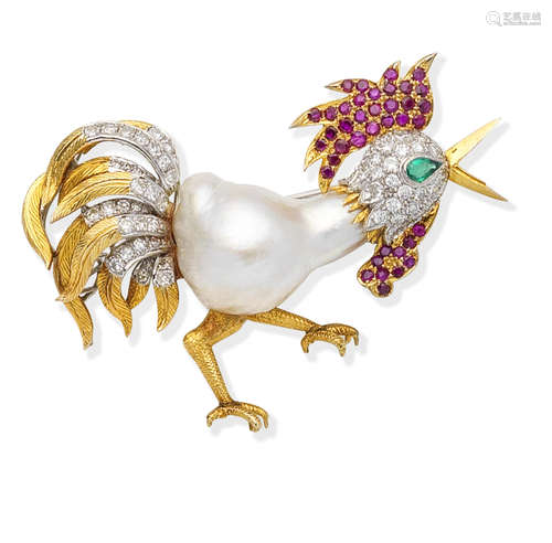 A cultured pearl and gem-set brooch, by Trio