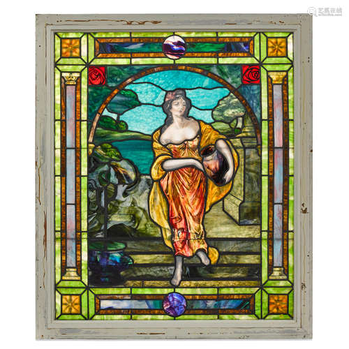 An American Framed Painted, Stained and Leaded Glass Window   Circa 1900height 53 1/2in (136cm); width 45 1/4in (115cm)