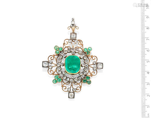 An emerald and diamond pendant, circa 1900