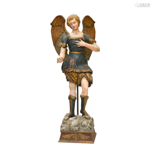 A Polychromed Carved Wood Figure of Archangel Gabriel Possibly Mexican, second half 19th century