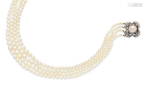 A cultured pearl necklace with a 19th century natural pearl and diamond clasp