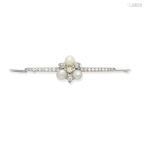 An early 20th century natural pearl and diamond bar brooch