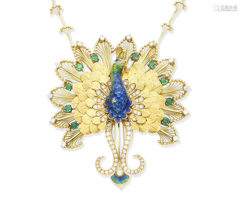 An enamel and diamond brooch/pendant necklace