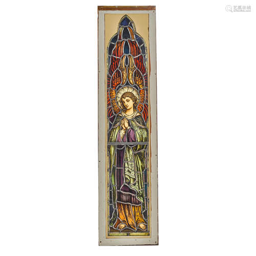 A Framed Painted, Stained and Leaded Glass Window   Circa 1900 Depicting an angel.height 77in (196cm); width 19in (49cm)