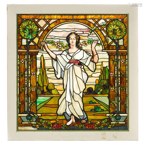 A Framed Painted, Stained and Leaded Glass Window Depicting a Woman in White  Circa 1900