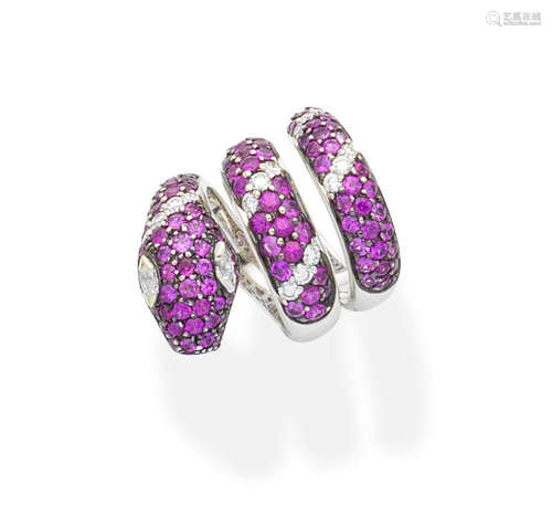 A pink sapphire and diamond serpent ring