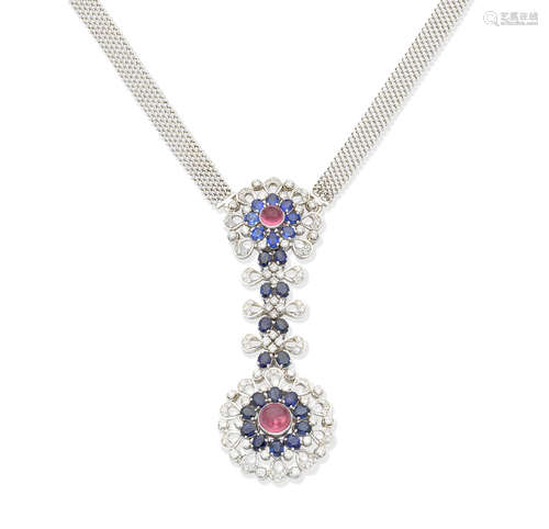 A sapphire, diamond and pink paste pendant necklace