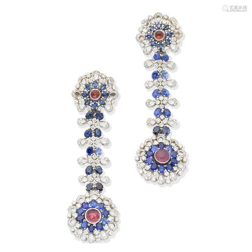 A pair of sapphire, diamond and pink paste pendent earrings