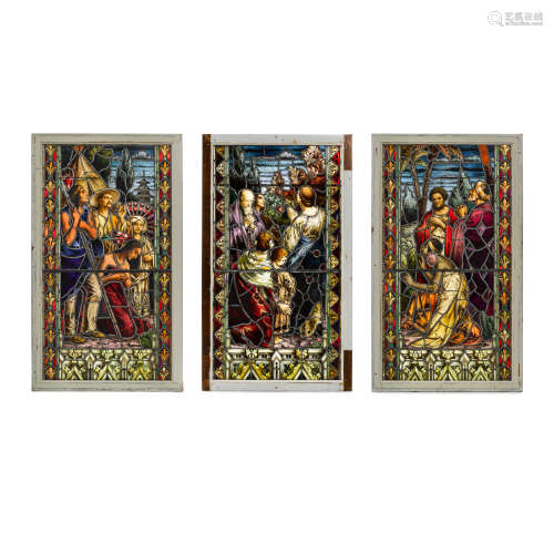 Three Painted, Stained and Leaded Glass Panels   Circa 1900Depicting a conversion.height 70 1/2in (179cm); width 41 1/4in (105cm)