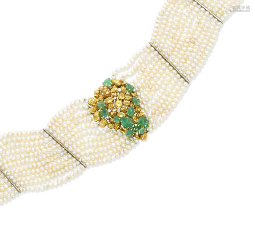 A gem-set and freshwater cultured pearl choker, by Charles De Temple, circa 1980