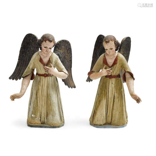 A Pair of Polychromed Carved Wood and Plaster Soaked Cloth  Figures of Angels  Probably Mexican, 19th century