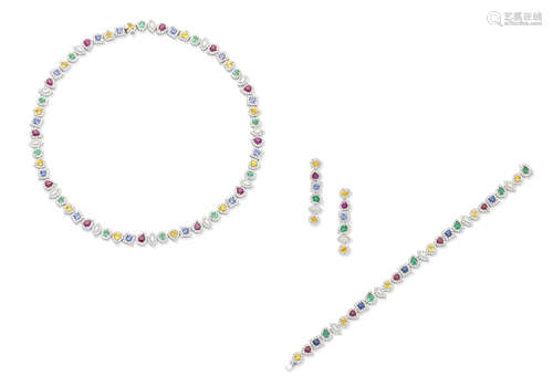 A gem-set necklace, bracelet and earring suite  (3)