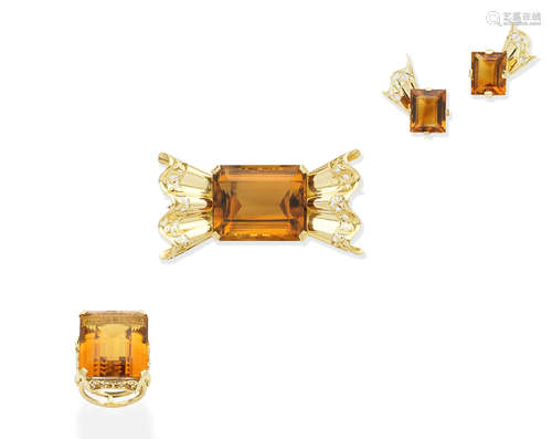 A citrine brooch, ring and earring suite, circa 1950  (3)