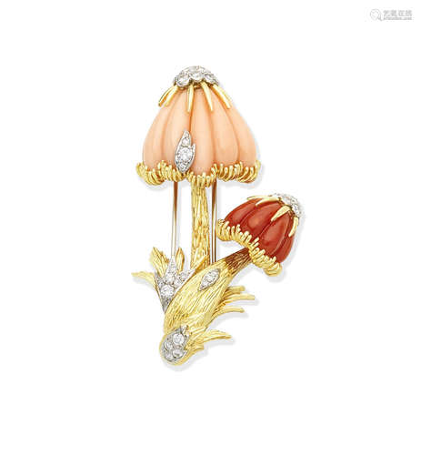 A coral and diamond brooch, circa 1960