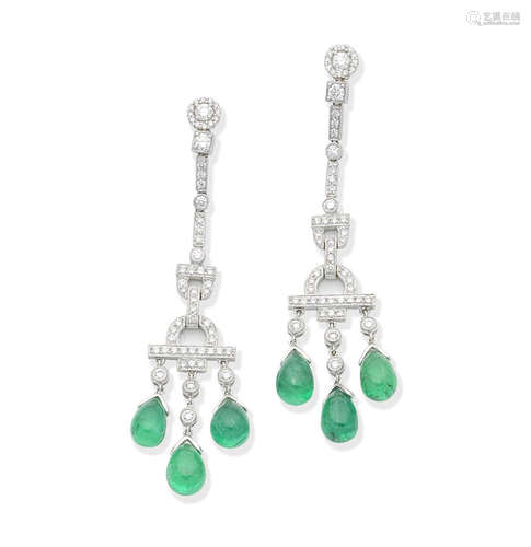 A pair of emerald and diamond pendent earrings