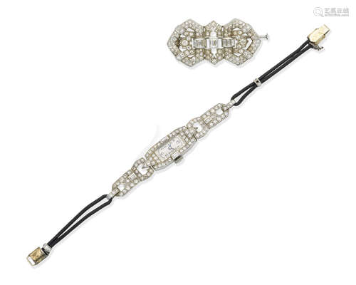 An Art Deco diamond cocktail watch and an Art Deco diamond brooch  (2)