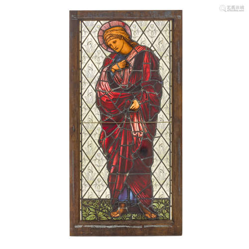 A Framed Painted, Stained and Leaded Glass Window   After an image by Edward Coley Burne-Jones, circa 1900height 53in (135cm); width 26 1/2in (67cm)