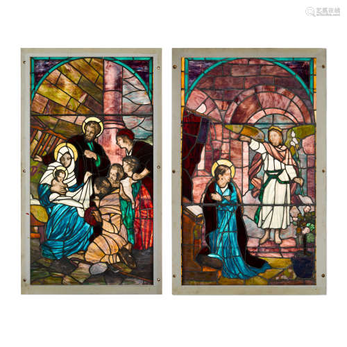 Two Framed American, Painted and Stained Leaded Glass Windows  Circa 1900Depicting The Holy Family and Mary Visited By an Angel.height overall 99in (252cm); width 57 1/4in (145cm)