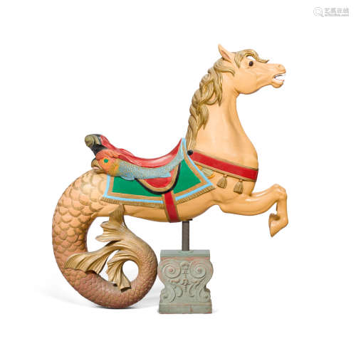 A Polychromed Carved Wood Carousel Hippocampus with Dolphin Saddle   Daniel Muller, early 20th century