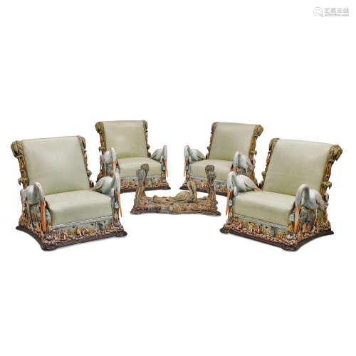A Polychromed Carved Wood Five Piece Seating Group Circa 1900