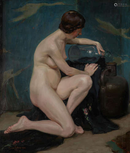 Christian von Schneidau(Swedish, 1893-1976) A nude filling a water jug 45 x 38in (114.3 x 96.5cm)