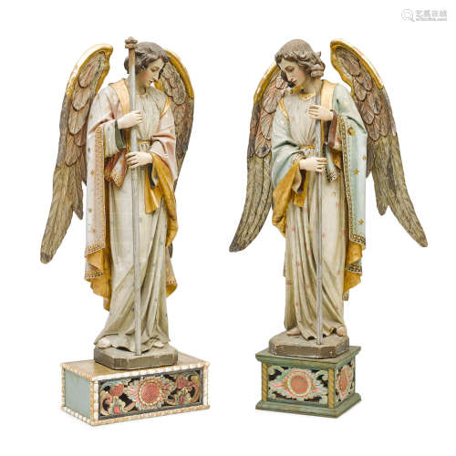 A Pair of Italian Polychromed Carved Wood Angels Ferdinand Stuflesser, circa 1920