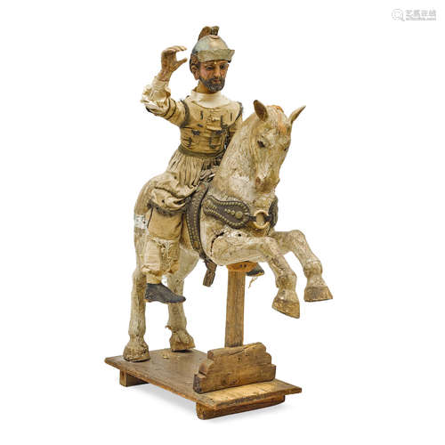 A Polychromed Carved Wood Equestrian group of Santiago Matamoros Probably Mexican, 18th century