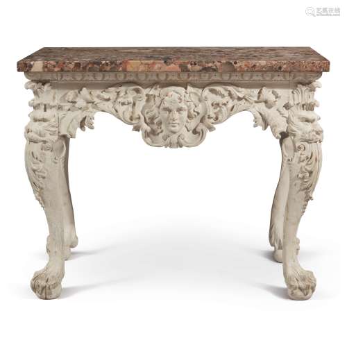 A GEORGE II STYLE WHITE-PAINTED CONSOLE WITH BRECHE D'ALEP MARBLE TOP, LATE 19TH/EARLY 20TH CENTURY
