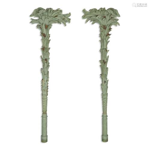 A PAIR OF LARGE GREEN-PAINTED CARVED WOODEN PALM FRONDS, 20TH CENTURY