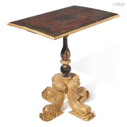 A CHINESE LACQUER CENTER TABLE ON A JAPANNED AND GILTWOOD DOLPHIN BASE, 19TH CENTURY