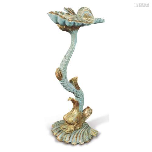 A VENETIAN BLUE PAINTED AND SILVERED WOOD DOLPHIN-FORM GROTTO STAND, LATE 19TH CENTURY