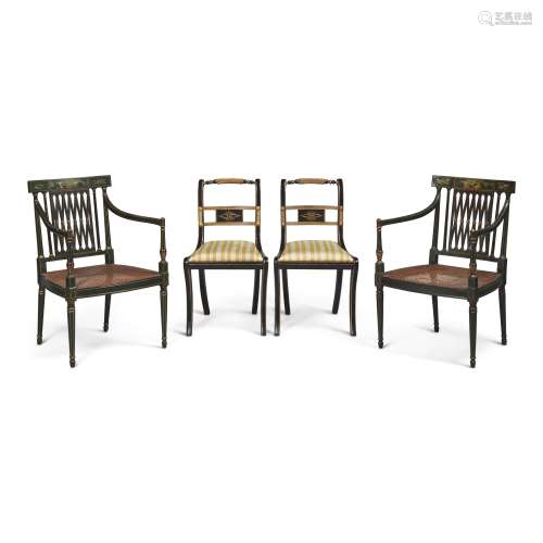 A PAIR OF REGENCY STYLE BLACK AND POLYCHROME PAINTED OPEN ARMCHAIRS AND A PAIR OF REGENCY STYLE EBONISED AND PARCEL-GILT SIDE CHAIRS