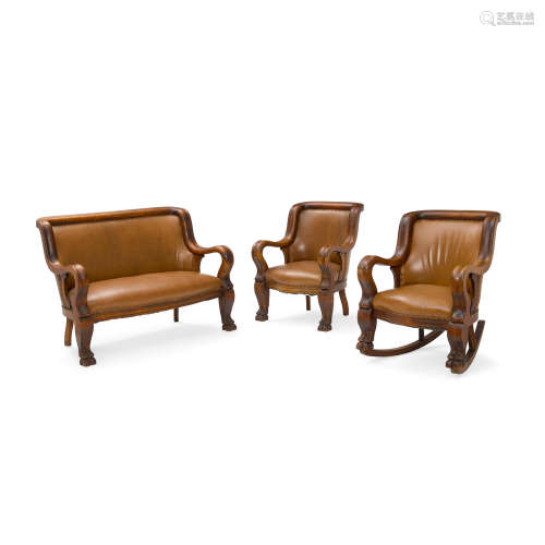 A Leather Upholstered Walnut Salon Suite  20th century