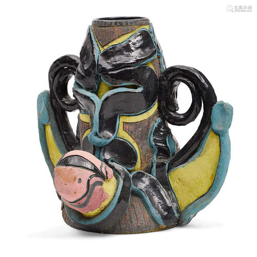 A Jerry Rothman Ceramic Two Handled Vessel: Tiki Up  1964 height 31in (78.7cm;, width 27in (68.6cm); depth 24in (61cm)