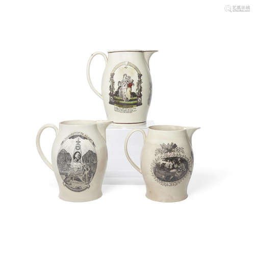 A Group of Three Liverpool Transfer Decorated Pottery Jugs  Late 18th/early 19th century