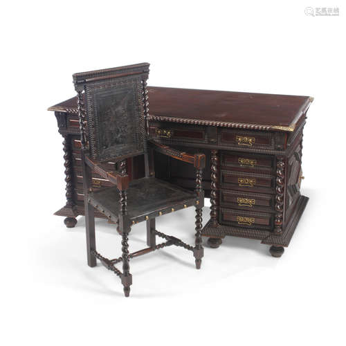 A Portuguese Baroque Style Oak Kneehole Desk and Similar Chair   Late 19th century