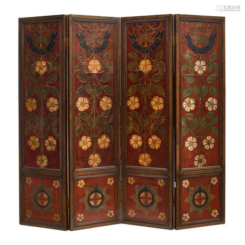 A Baroque Style Painted Leather Four Panel Screen