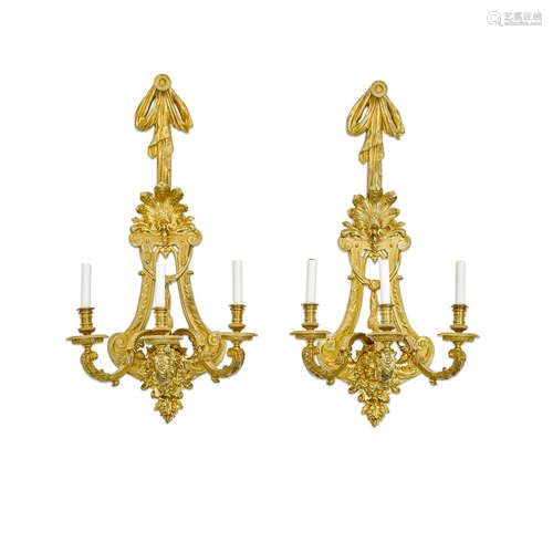 A pair of Louis XIV style gilt bronze three light sconces  Henri Vian, circa 1890